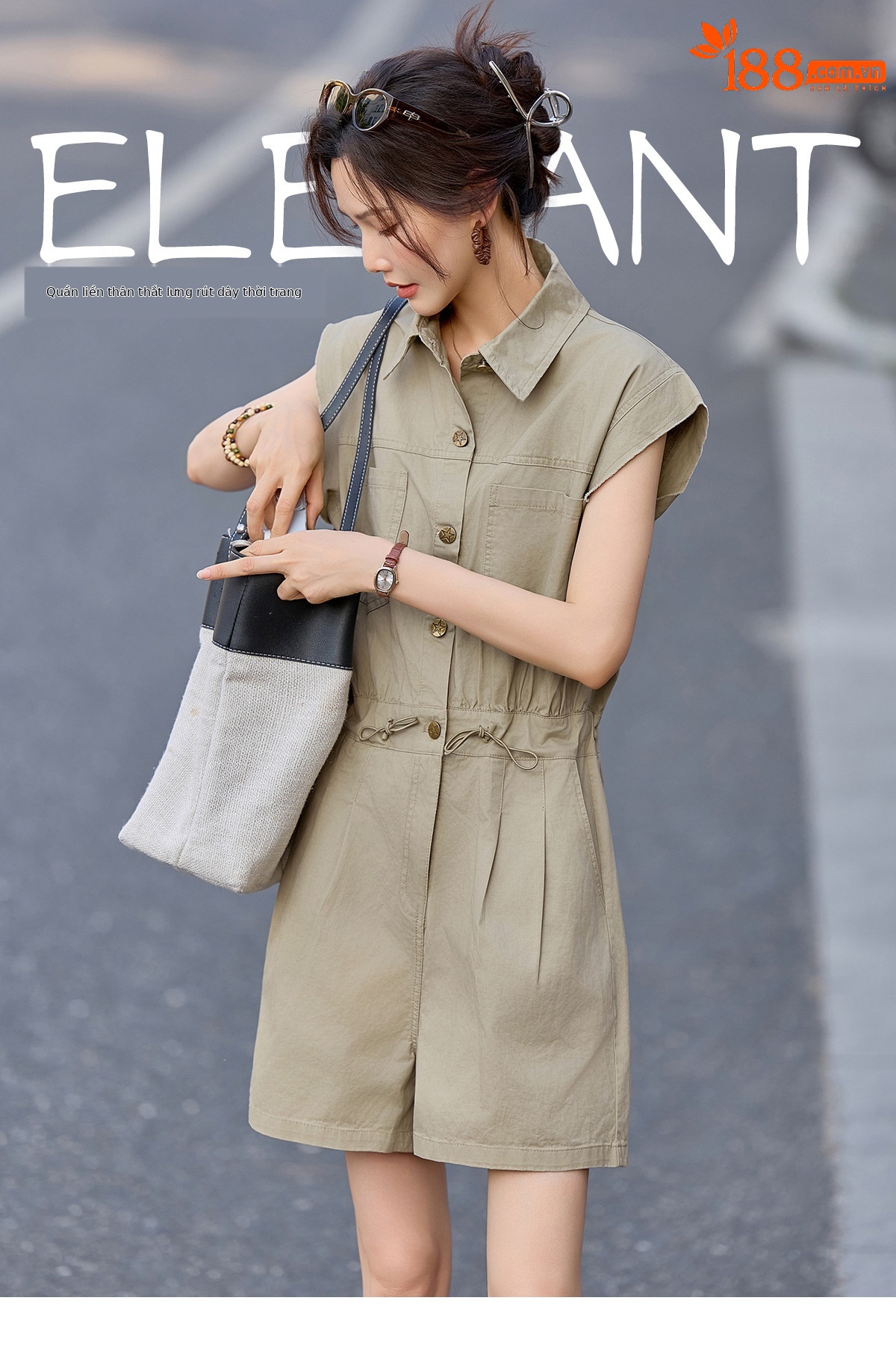 Jumpsuit nữ dáng suông tay ngắn phong cách công sở cổ điển — Quân đội xanh, màu kaki chi tiết 1