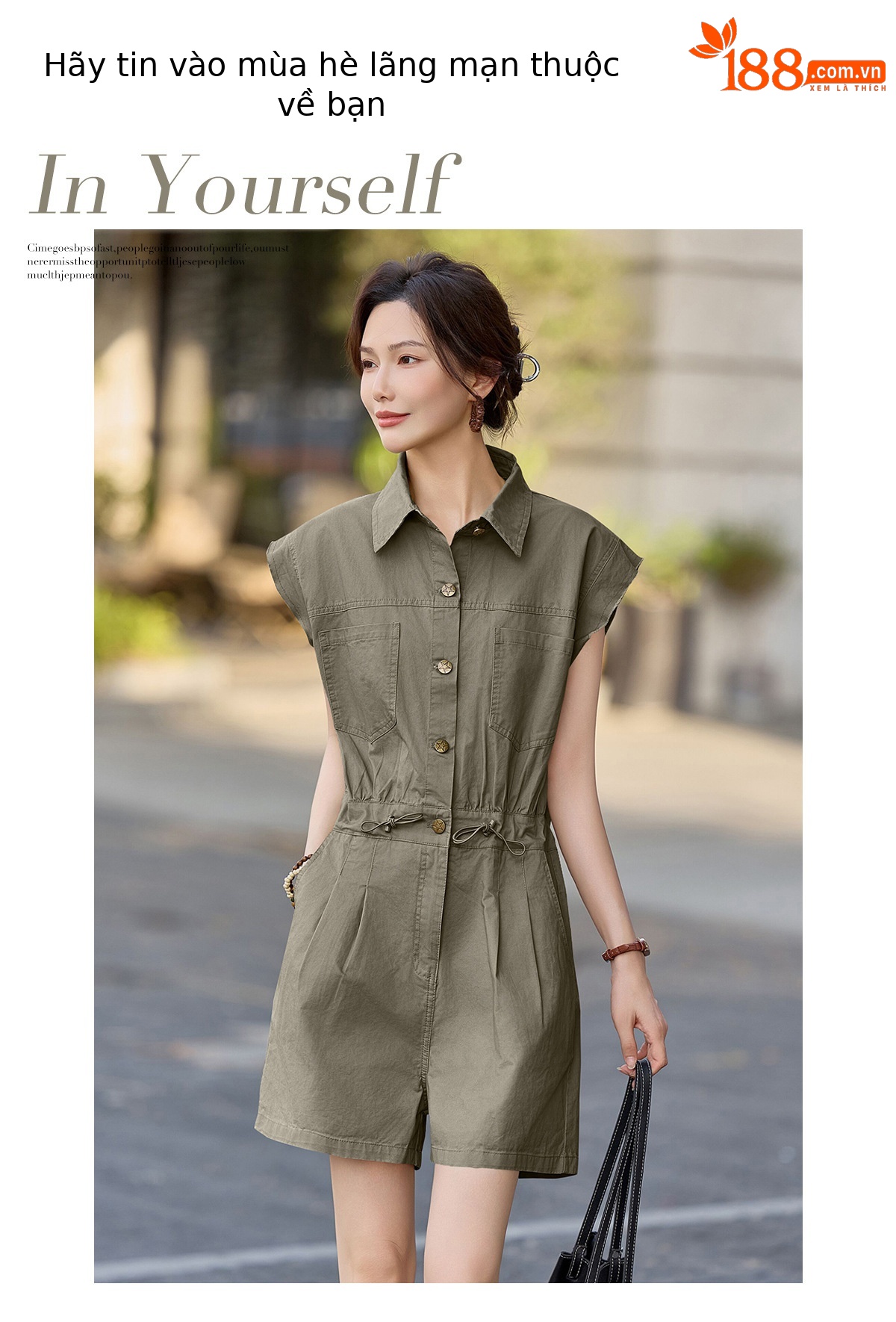 Jumpsuit nữ dáng suông tay ngắn phong cách công sở cổ điển — Quân đội xanh, màu kaki chi tiết 2