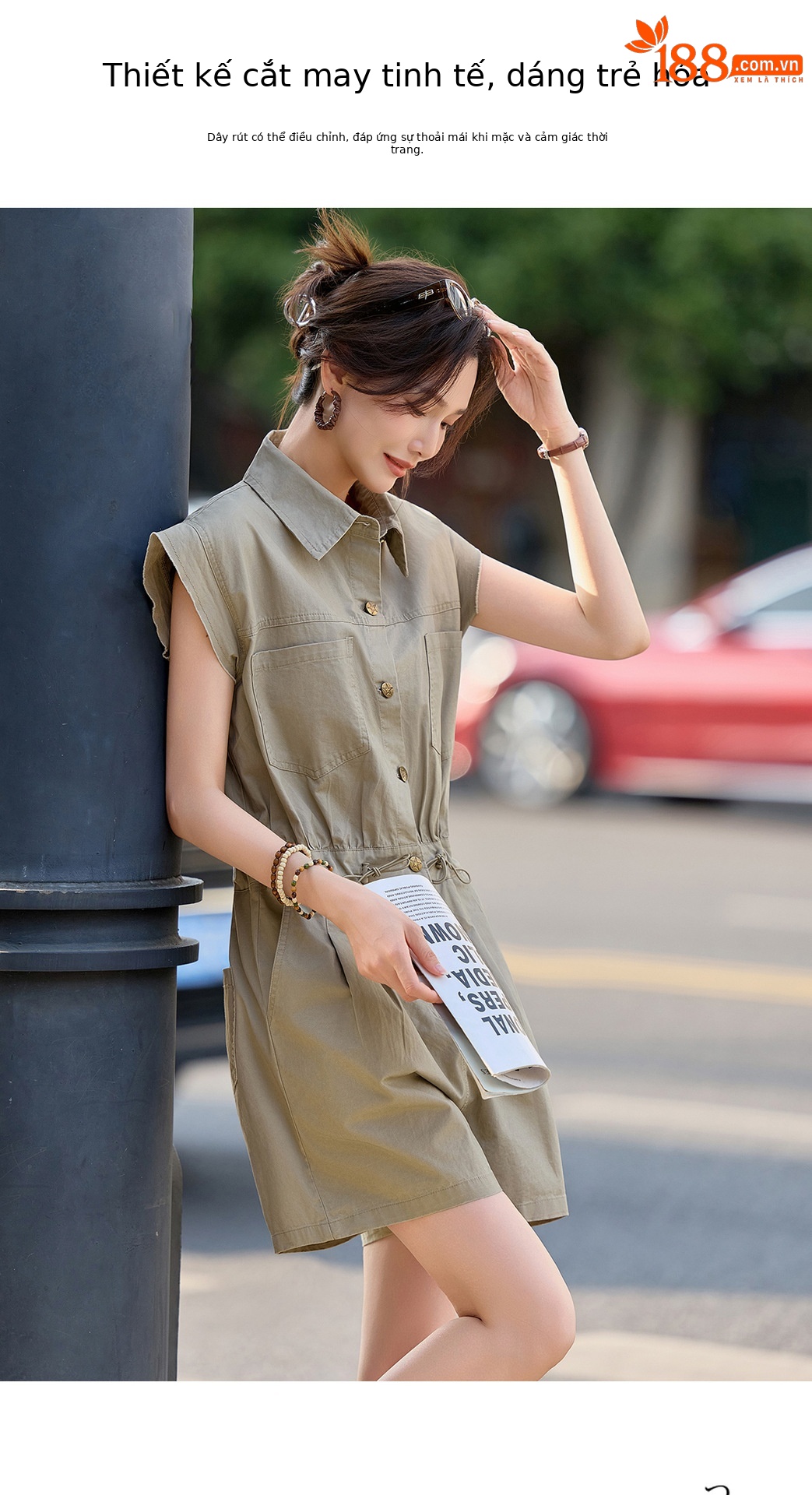 Jumpsuit nữ dáng suông tay ngắn phong cách công sở cổ điển — Quân đội xanh, màu kaki chi tiết 3