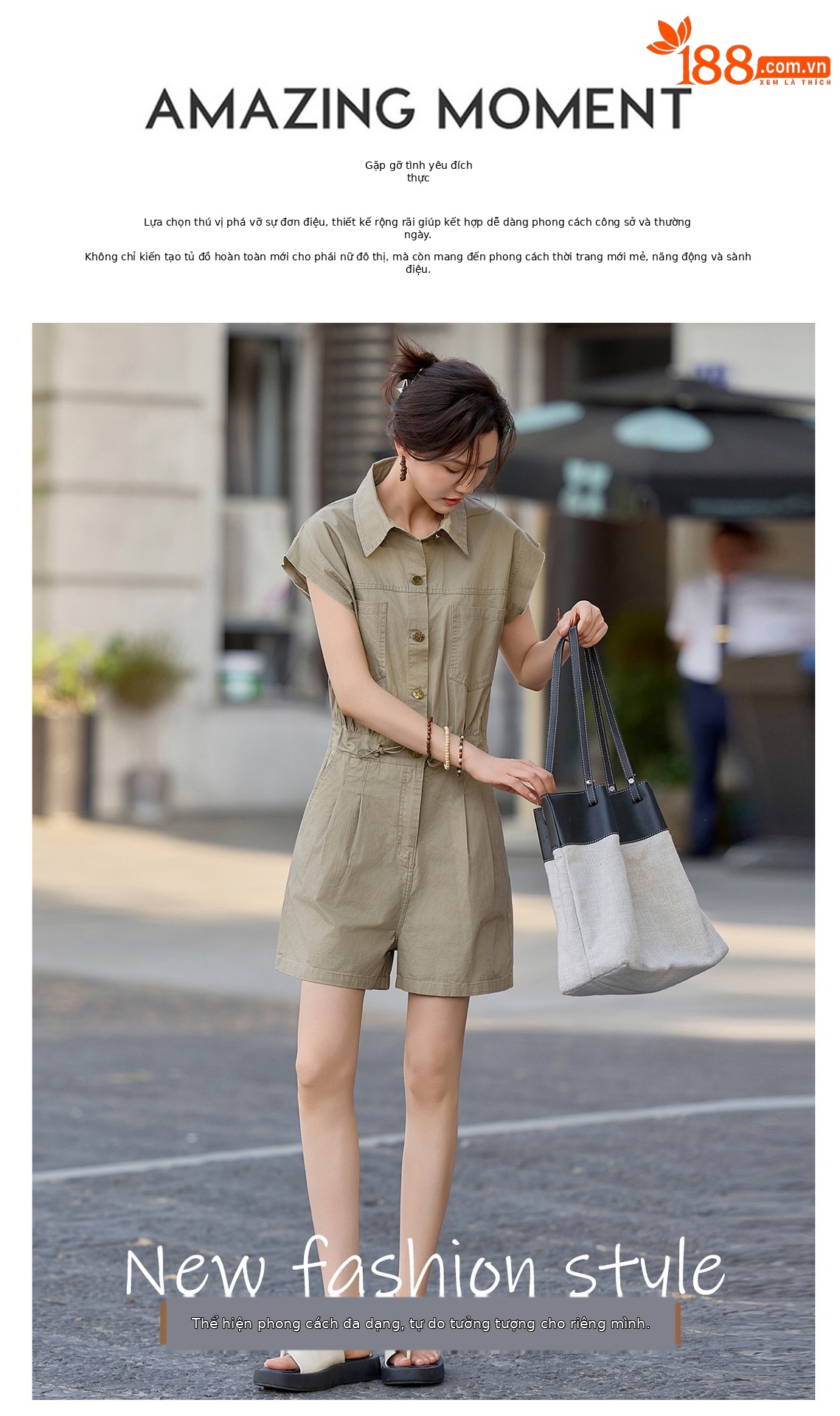 Jumpsuit nữ dáng suông tay ngắn phong cách công sở cổ điển — Quân đội xanh, màu kaki chi tiết 6