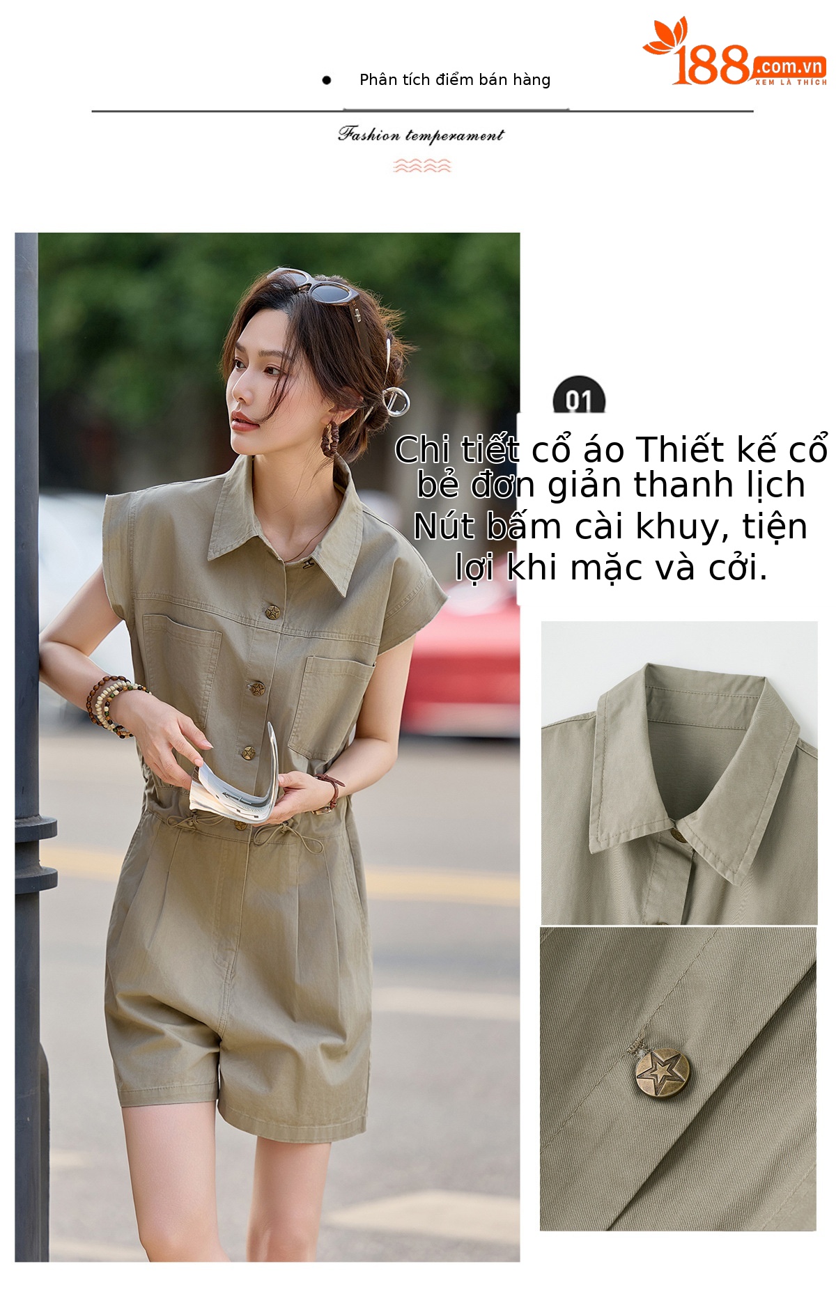 Jumpsuit nữ dáng suông tay ngắn phong cách công sở cổ điển — Quân đội xanh, màu kaki chi tiết 7