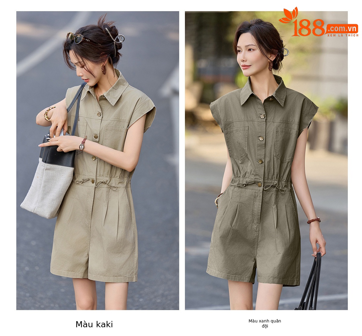 Jumpsuit nữ dáng suông tay ngắn phong cách công sở cổ điển — Quân đội xanh, màu kaki chi tiết 13