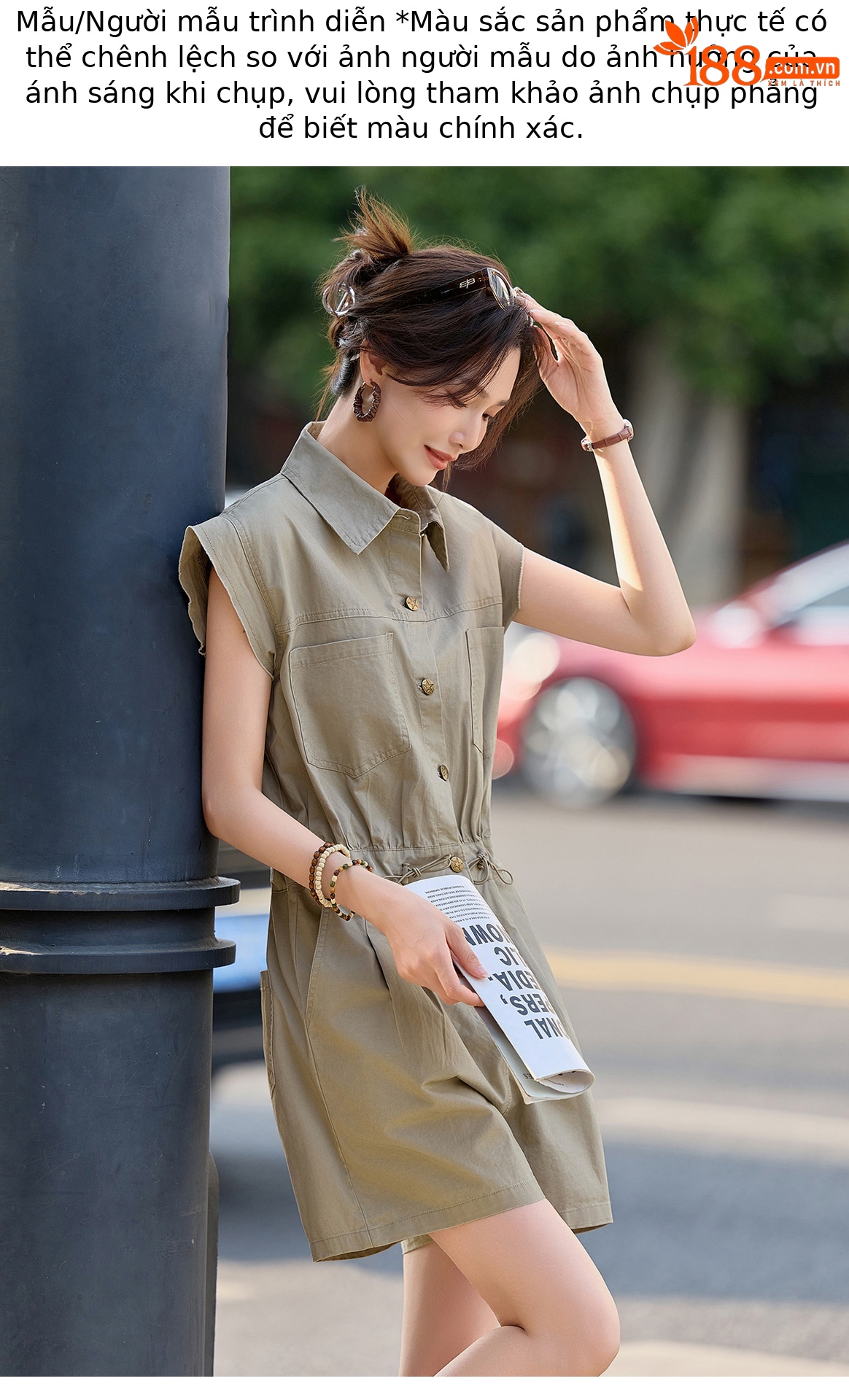 Jumpsuit nữ dáng suông tay ngắn phong cách công sở cổ điển — Quân đội xanh, màu kaki chi tiết 14