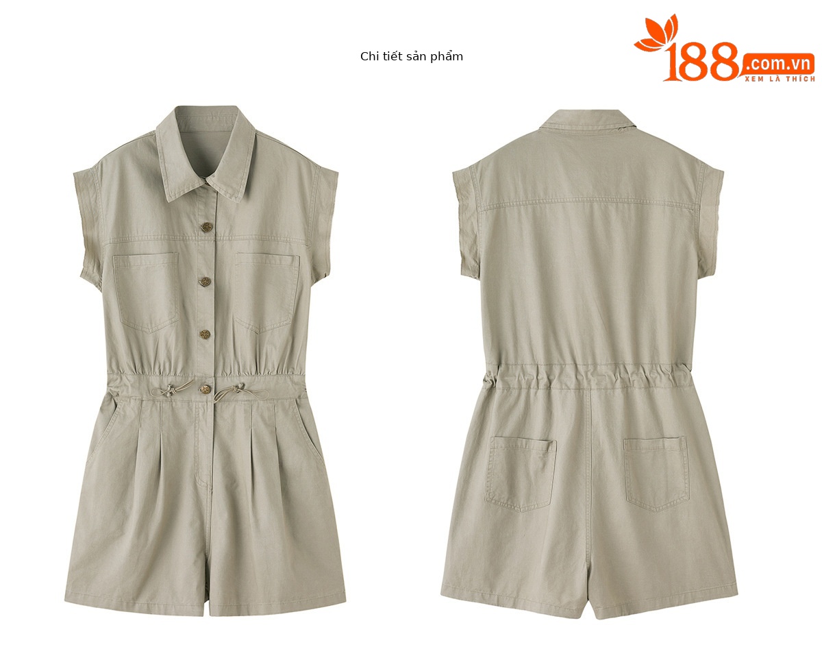 Jumpsuit nữ dáng suông tay ngắn phong cách công sở cổ điển — Quân đội xanh, màu kaki chi tiết 25