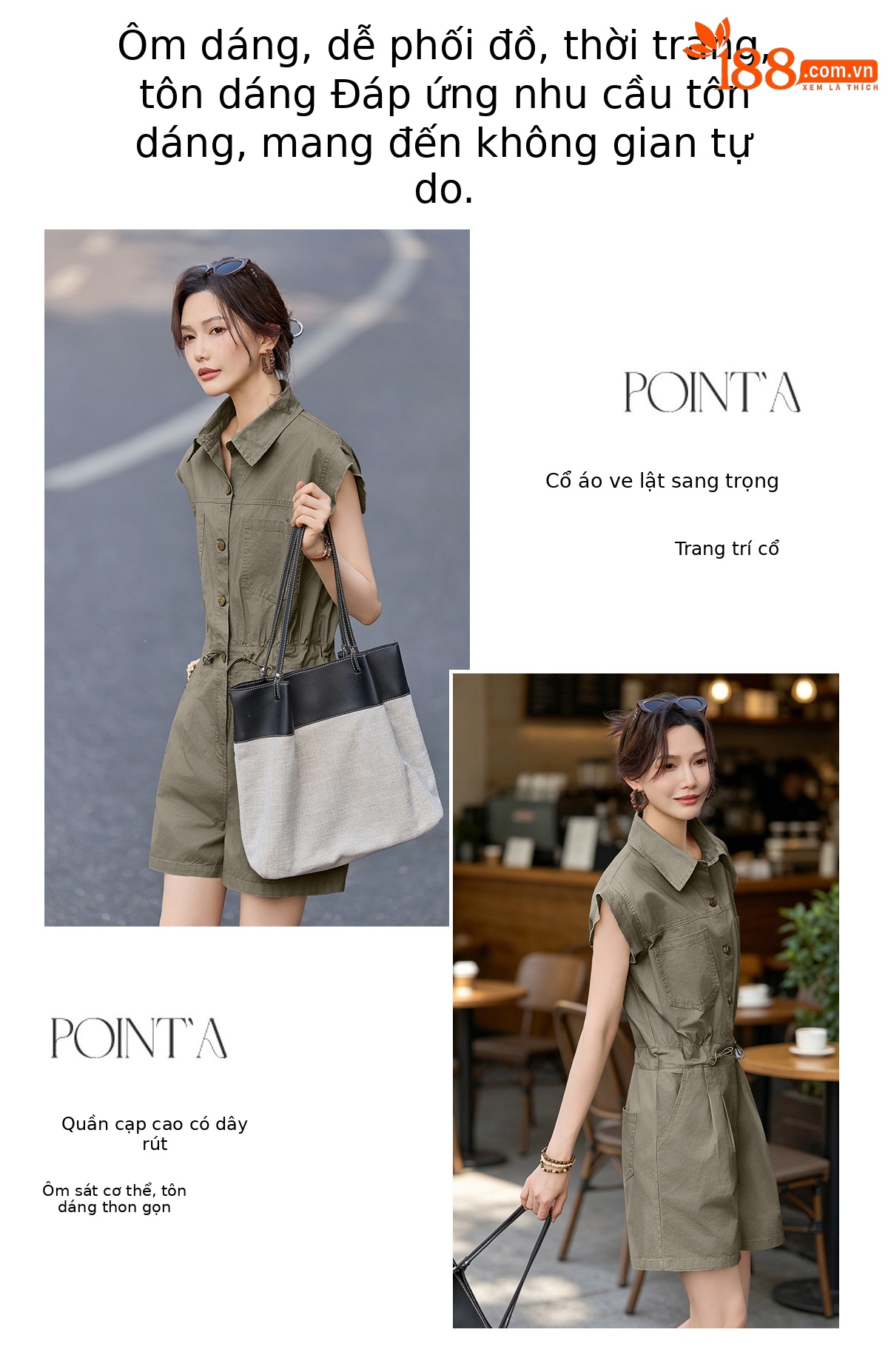 Jumpsuit nữ dáng suông tay ngắn phong cách công sở cổ điển — Quân đội xanh, màu kaki chi tiết 5