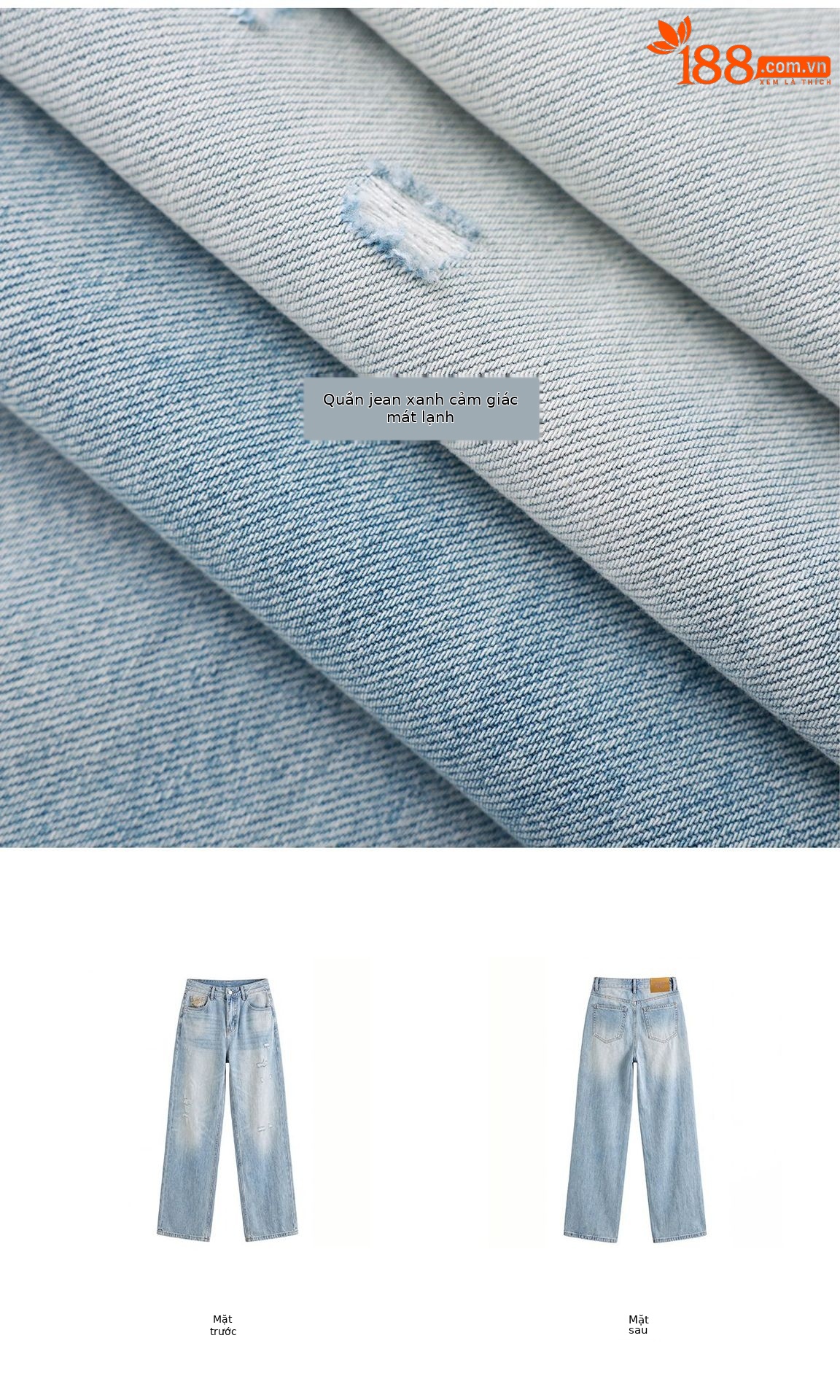 Quần jean nữ ống rộng cạp cao, chất cotton phối bướm đính đá và rách thủng — xanh lam chi tiết 5