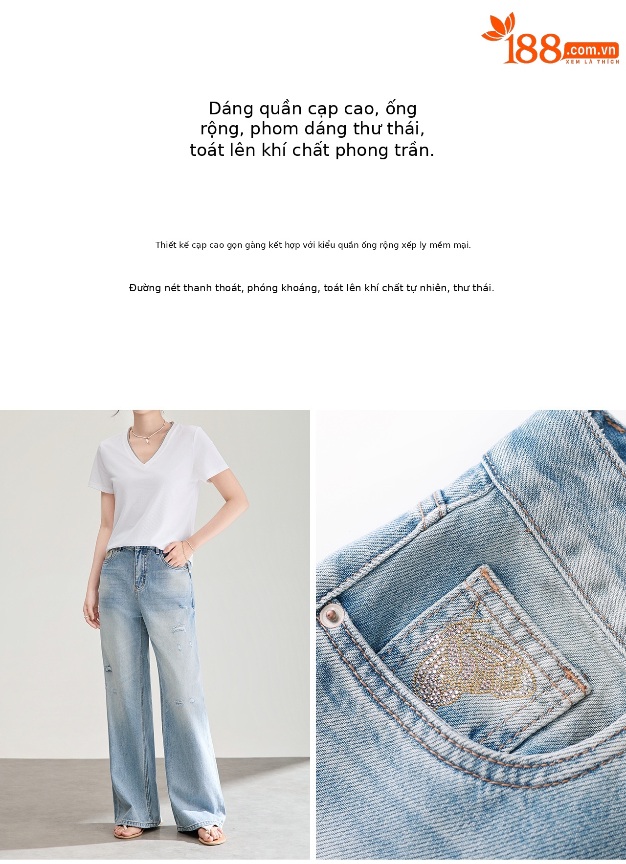 Quần jean nữ ống rộng cạp cao, chất cotton phối bướm đính đá và rách thủng — xanh lam chi tiết 8