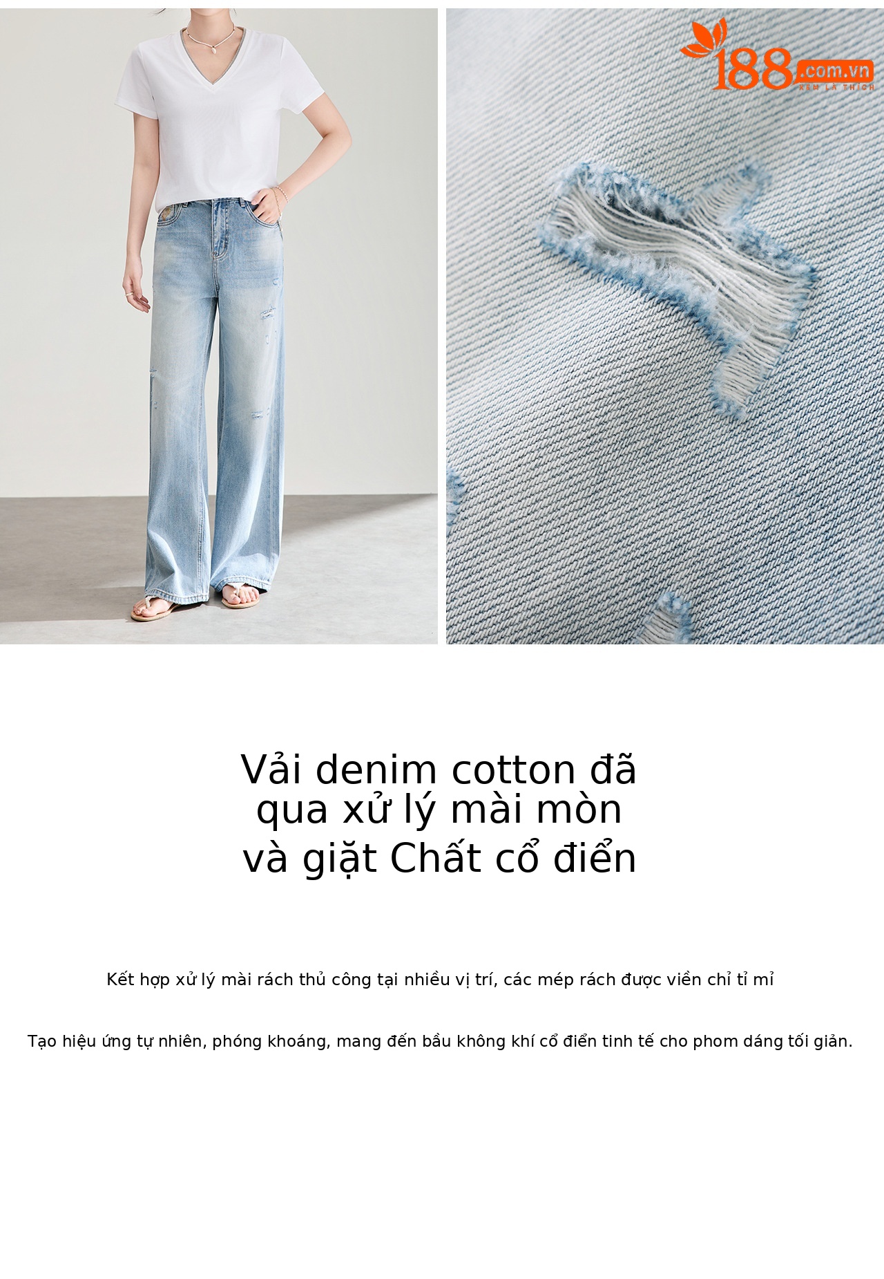 Quần jean nữ ống rộng cạp cao, chất cotton phối bướm đính đá và rách thủng — xanh lam chi tiết 10