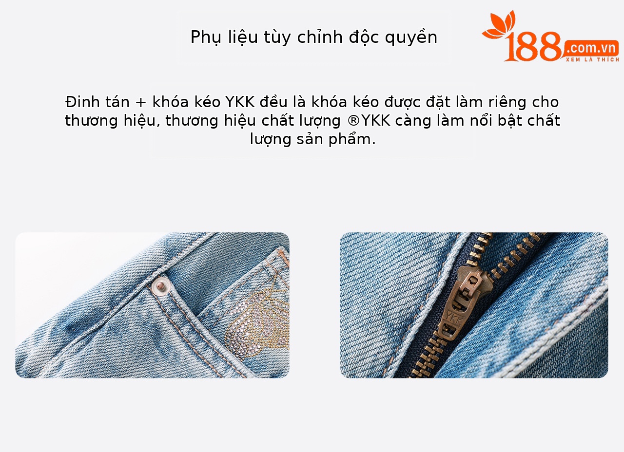 Quần jean nữ ống rộng cạp cao, chất cotton phối bướm đính đá và rách thủng — xanh lam chi tiết 13
