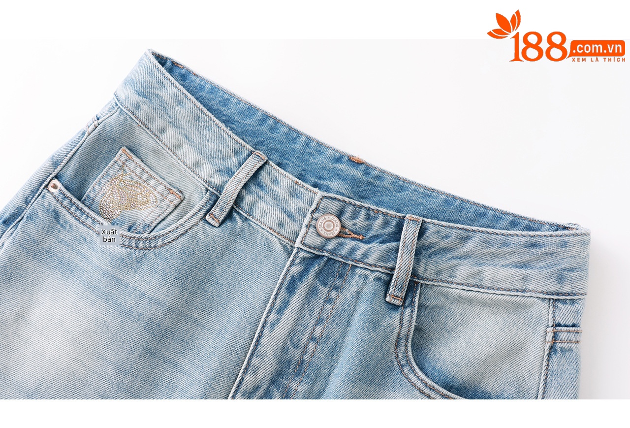 Quần jean nữ ống rộng cạp cao, chất cotton phối bướm đính đá và rách thủng — xanh lam chi tiết 26