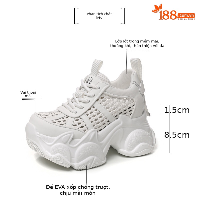 Giày sneaker nữ chunky đế dày thoáng khí tăng chiều cao — màu trắng chi tiết 3