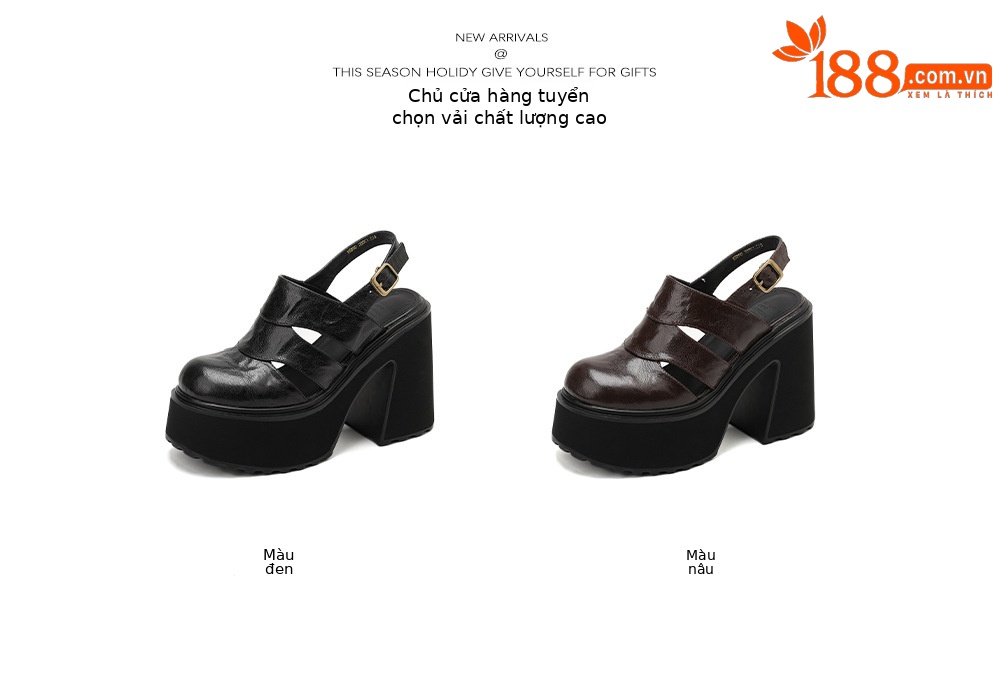 Sandal cao gót nữ đế dày quai ngang bọc da, gót 9 cm — màu nâu, màu đen chi tiết 4