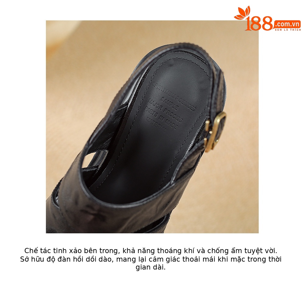 Sandal cao gót nữ đế dày quai ngang bọc da, gót 9 cm — màu nâu, màu đen chi tiết 17