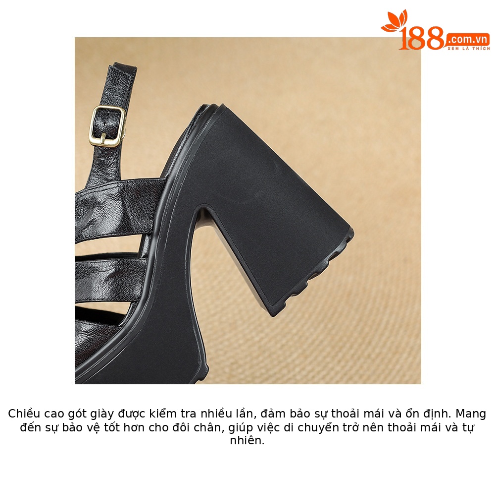 Sandal cao gót nữ đế dày quai ngang bọc da, gót 9 cm — màu nâu, màu đen chi tiết 18