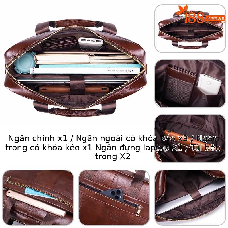 Cặp da nam công sở đựng laptop 15 inch da bò thật, quai xách tay và đeo vai — Màu cà phê, Màu đen