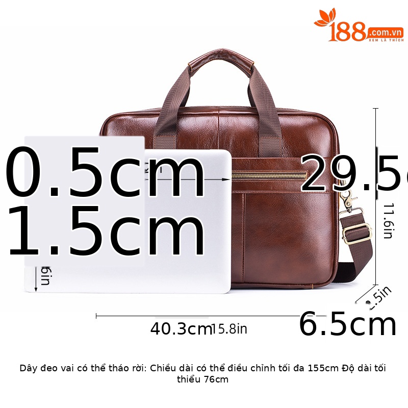 Cặp da nam công sở đựng laptop 15 inch da bò thật, quai xách tay và đeo vai — Màu cà phê, Màu đen