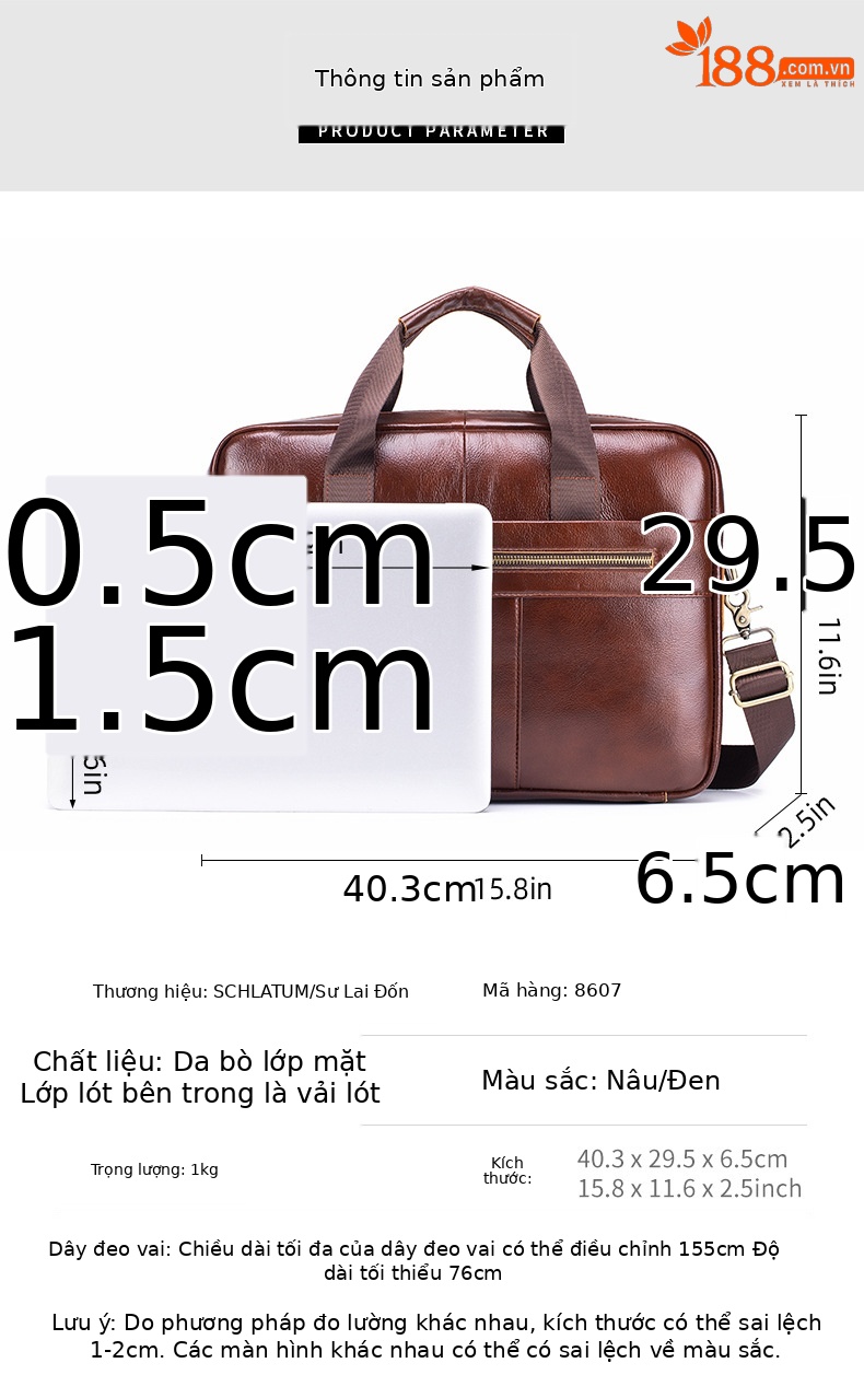 Cặp da nam công sở đựng laptop 15 inch da bò thật, quai xách tay và đeo vai — Màu cà phê, Màu đen chi tiết 6