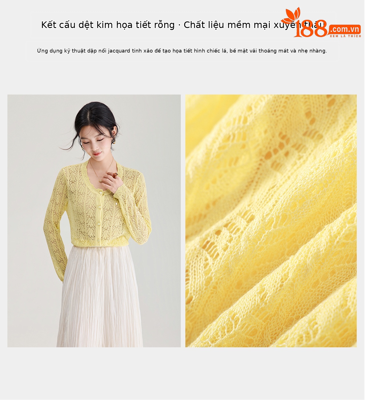Áo cardigan cổ tròn họa tiết hoa móc nổi thiết kế mỏng nhẹ — màu trắng chi tiết 11