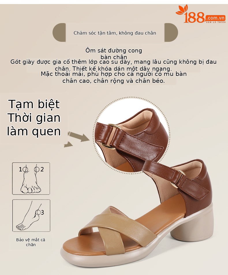 Sandal cao gót nữ hở mũi da bò thật đế dày thoải mái — Da bò lớp đầu màu hạnh chi tiết 3