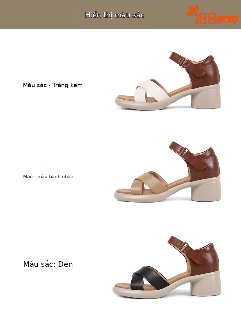 Sandal cao gót nữ hở mũi da bò thật đế dày thoải mái — Da bò lớp đầu màu hạnh chi tiết 6