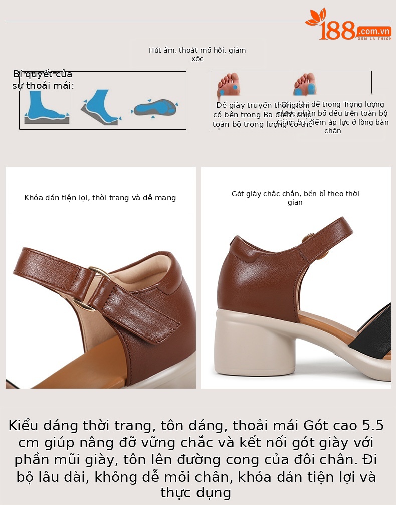 Sandal cao gót nữ hở mũi da bò thật đế dày thoải mái — Da bò lớp đầu màu hạnh chi tiết 10