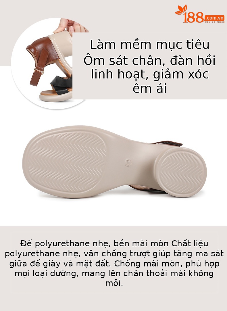 Sandal cao gót nữ hở mũi da bò thật đế dày thoải mái — Da bò lớp đầu màu hạnh chi tiết 11