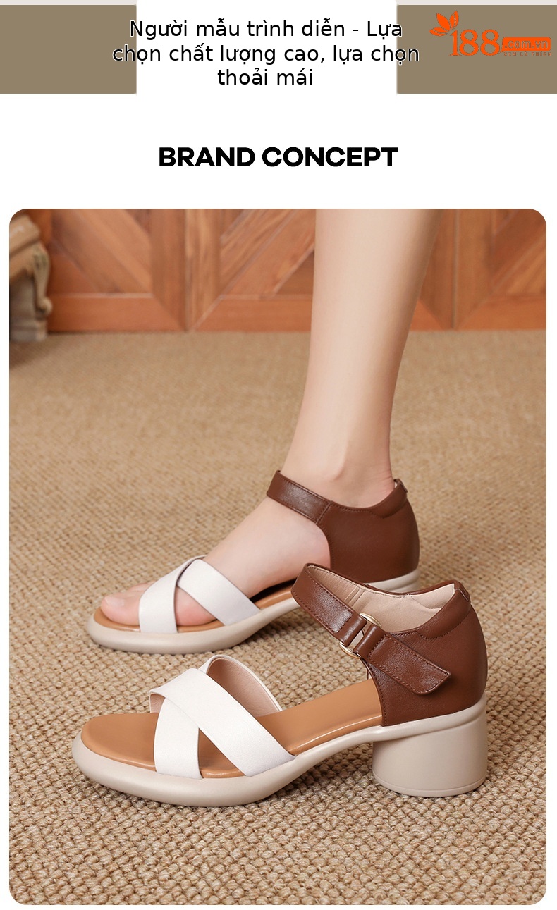 Sandal cao gót nữ hở mũi da bò thật đế dày thoải mái — Da bò lớp đầu màu hạnh chi tiết 12