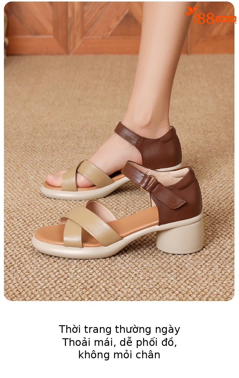 Sandal cao gót nữ hở mũi da bò thật đế dày thoải mái — Da bò lớp đầu màu hạnh chi tiết 16
