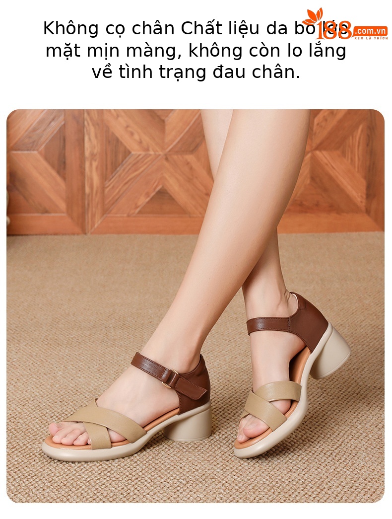 Sandal cao gót nữ hở mũi da bò thật đế dày thoải mái — Da bò lớp đầu màu hạnh chi tiết 19