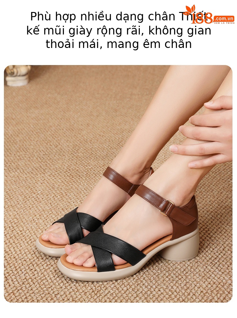 Sandal cao gót nữ hở mũi da bò thật đế dày thoải mái — Da bò lớp đầu màu hạnh chi tiết 23