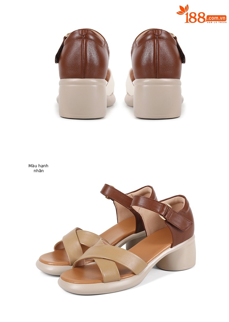 Sandal cao gót nữ hở mũi da bò thật đế dày thoải mái — Da bò lớp đầu màu hạnh chi tiết 25