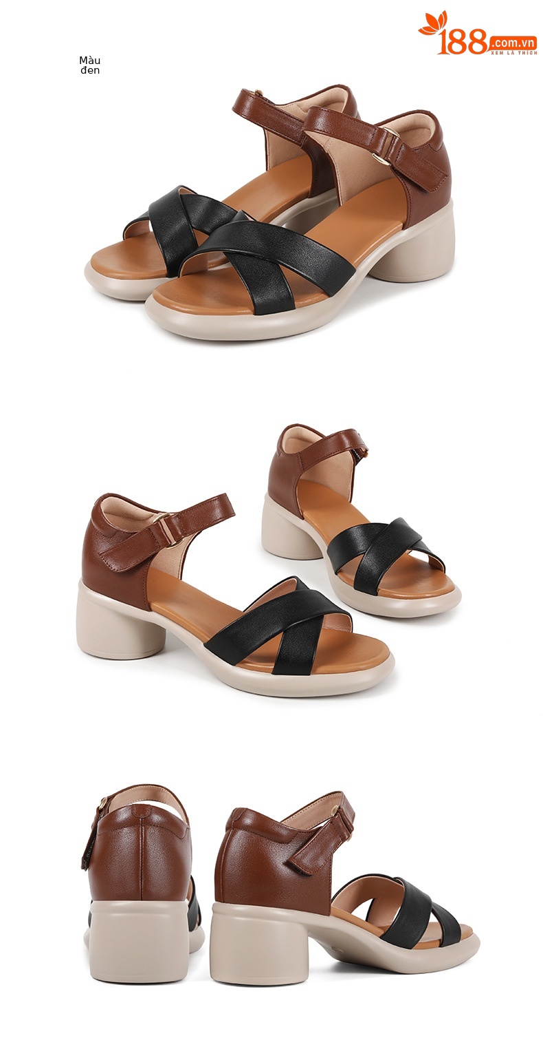 Sandal cao gót nữ hở mũi da bò thật đế dày thoải mái — Da bò lớp đầu màu hạnh chi tiết 27