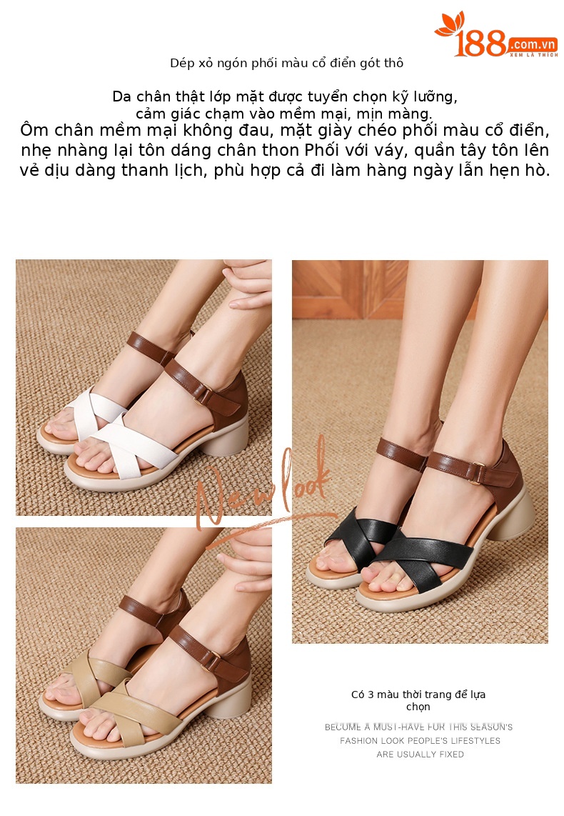 Sandal cao gót nữ hở mũi da bò thật đế dày thoải mái — Da bò lớp đầu màu hạnh chi tiết 2