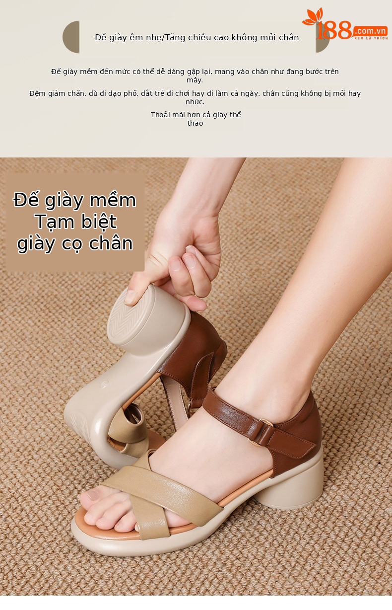 Sandal cao gót nữ hở mũi da bò thật đế dày thoải mái — Da bò lớp đầu màu hạnh chi tiết 4