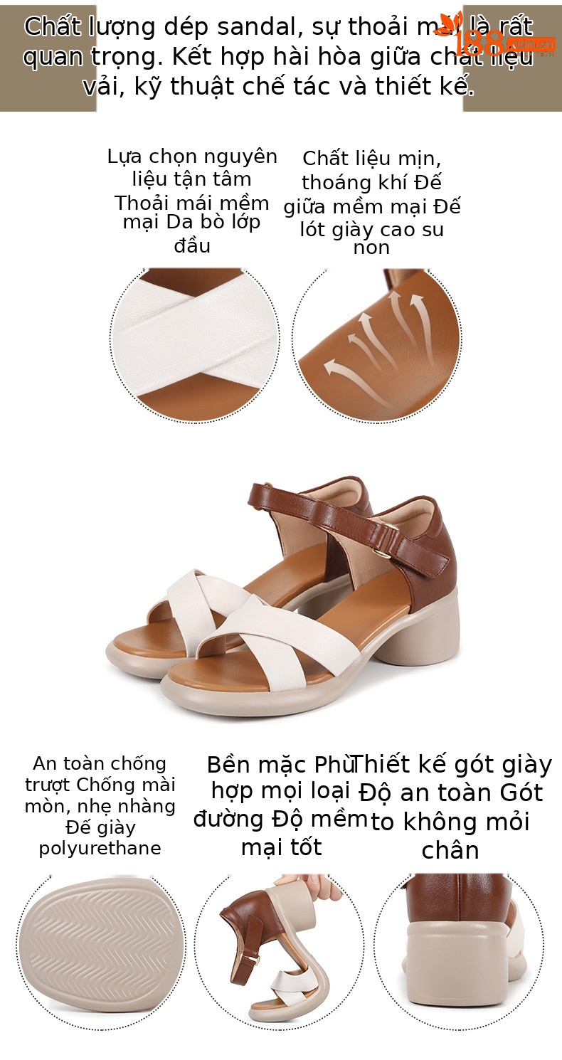 Sandal cao gót nữ hở mũi da bò thật đế dày thoải mái — Da bò lớp đầu màu hạnh chi tiết 7