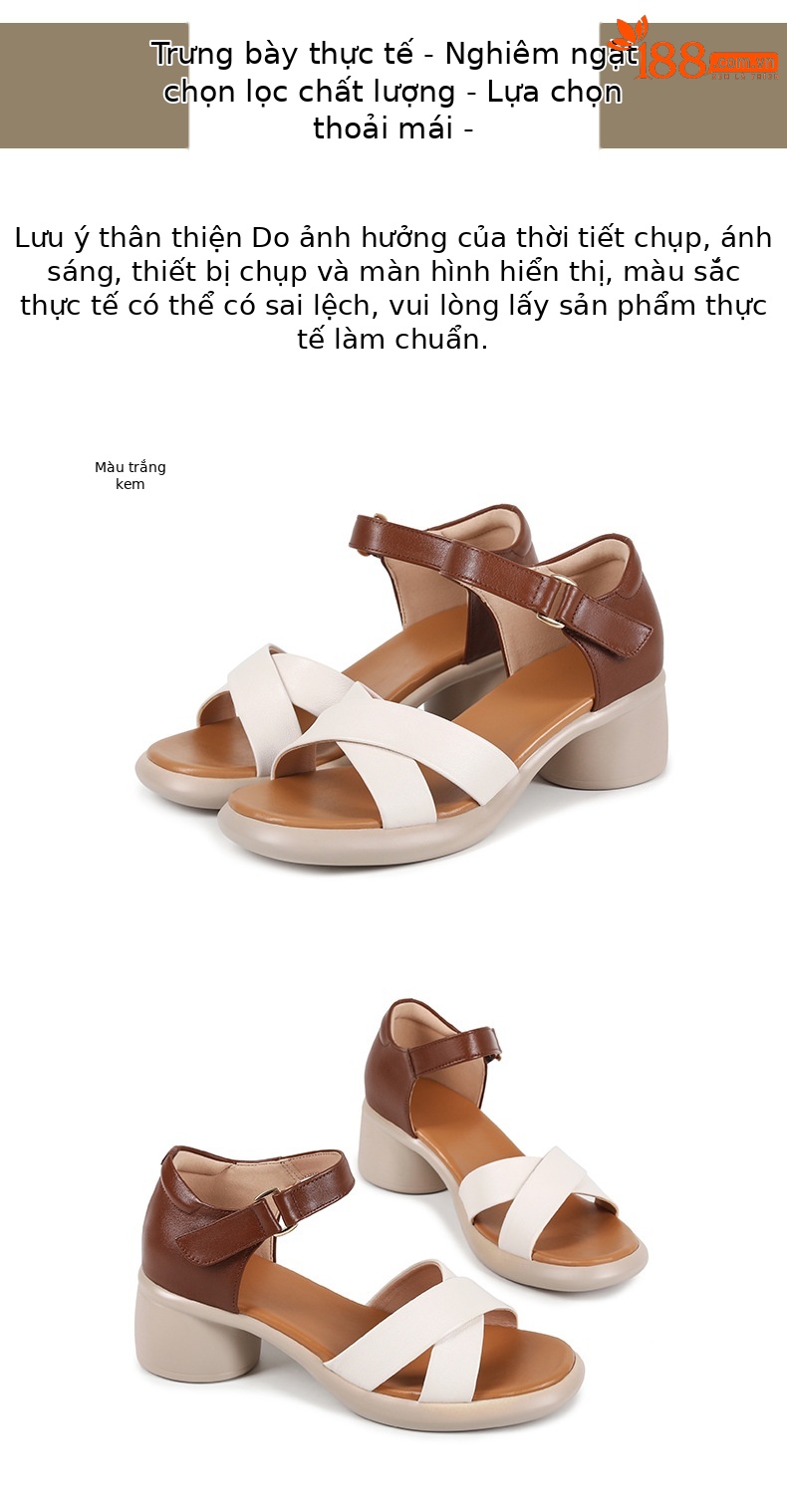 Sandal cao gót nữ hở mũi da bò thật đế dày thoải mái — Da bò lớp đầu màu hạnh chi tiết 24