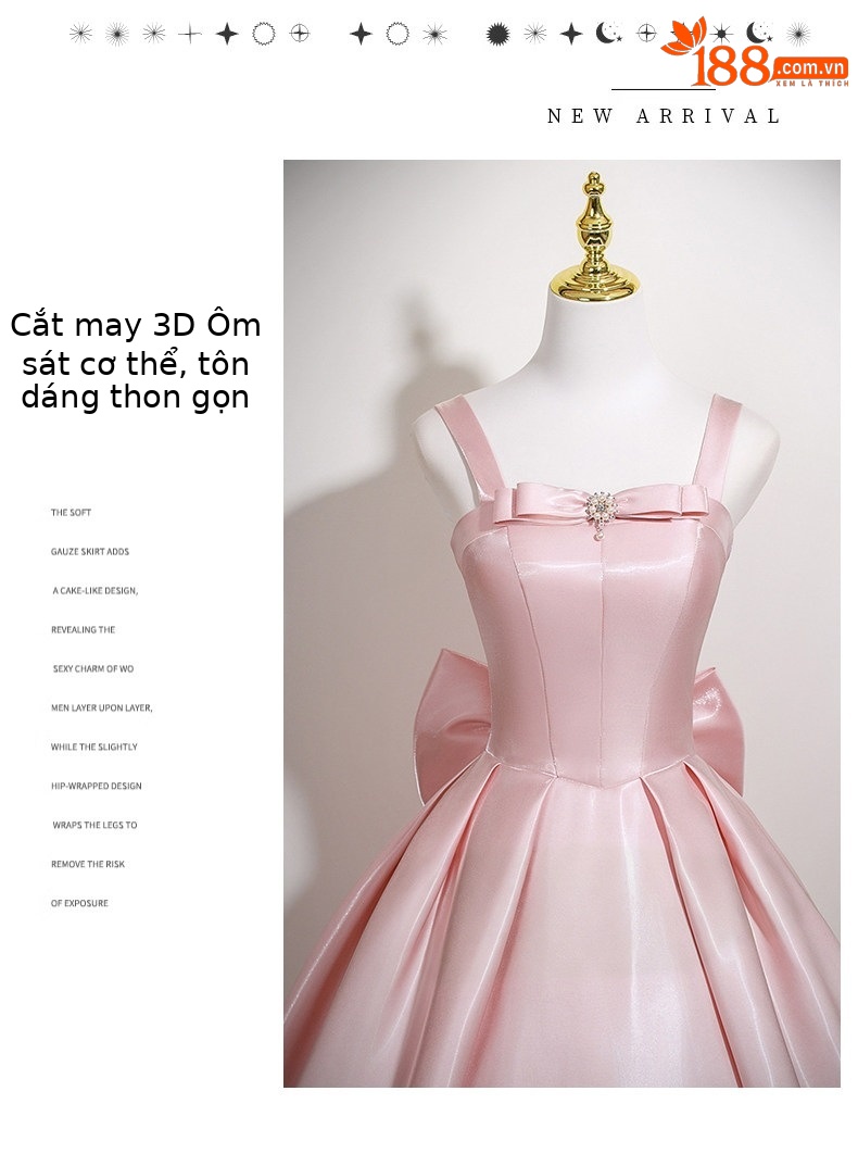 Đầm dạ hội nữ satin tay trễ vai, eo thắt nơ, chân váy xòe bồng công chúa — Hồng chi tiết 7