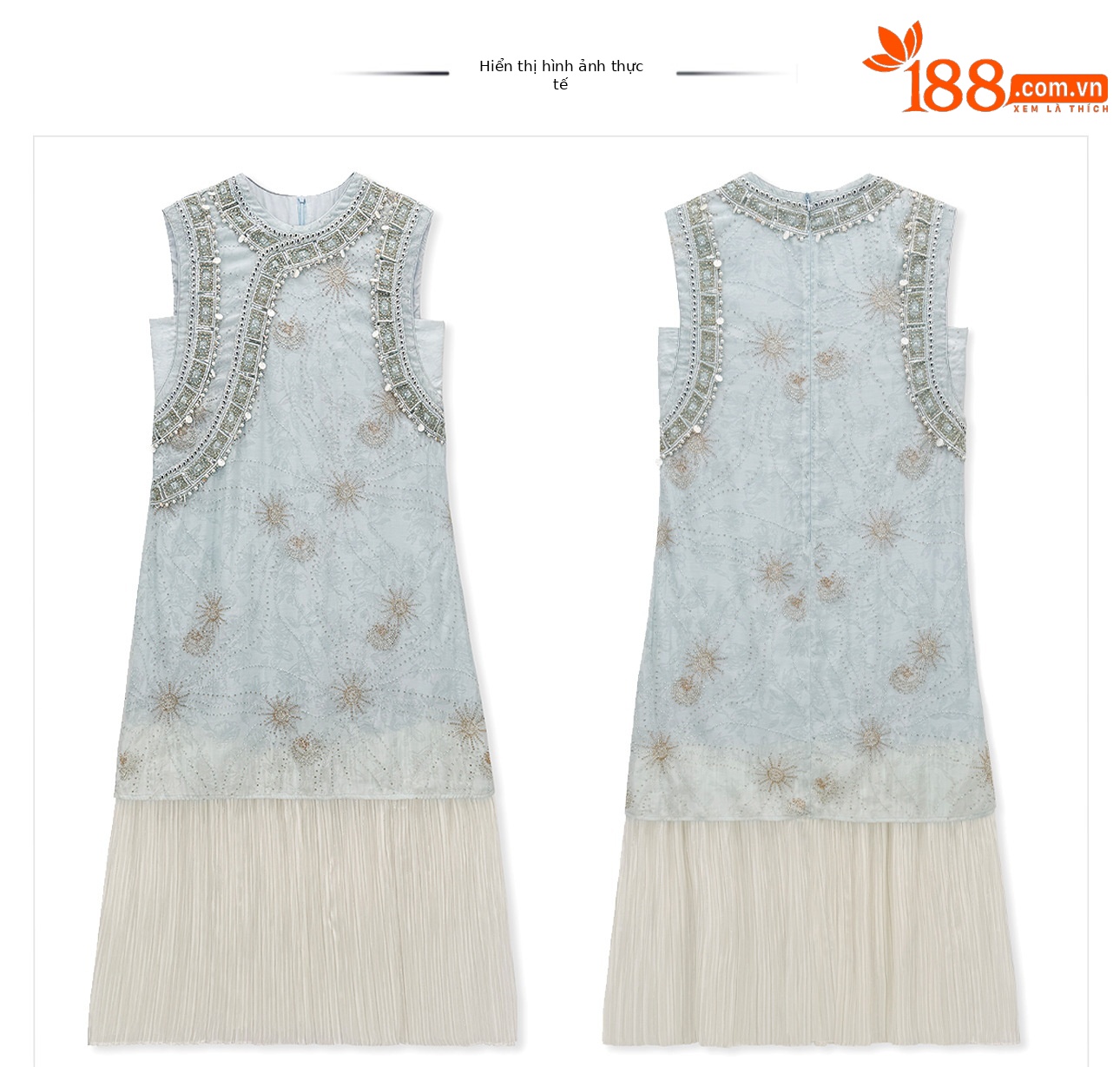 Đầm maxi nữ thắt eo kiểu sườn xám cách tân không tay thêu hoa mùa hè — màu xanh nhạt chi tiết 1