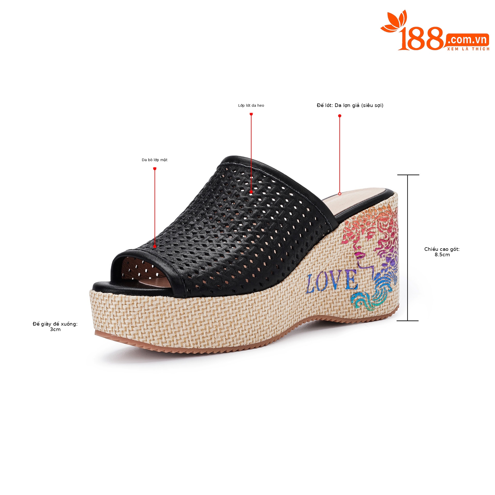 Sandal nữ quai ngang đế xuồng bện rơm, gót cao 5 cm, mũi hở thoáng khí — màu be, màu đen chi tiết 3