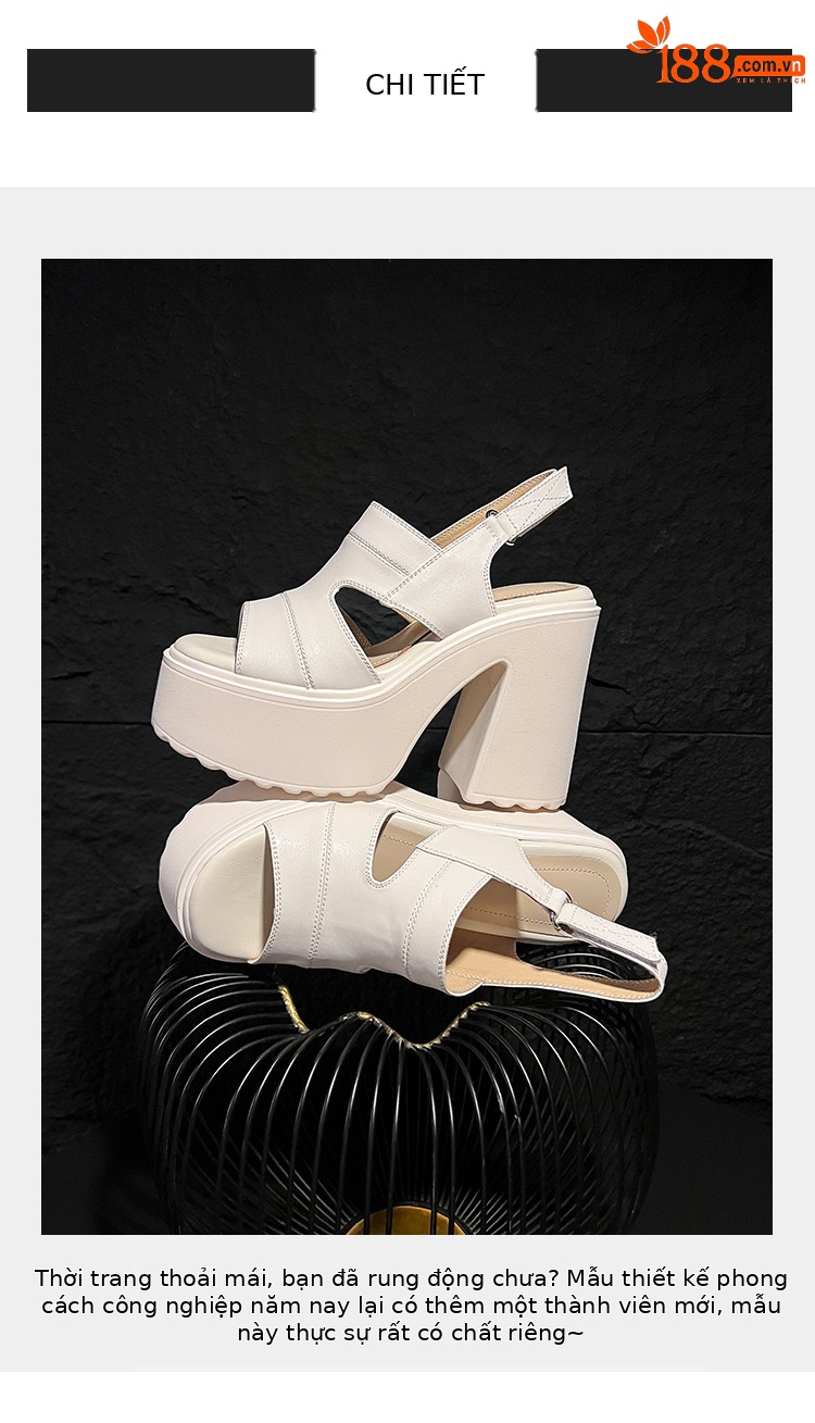 Sandal hở mũi nữ đế siêu dày 12cm quai ngang phong cách La Mã, khóa dán, gót vuông — màu đen, màu trắng ngà chi tiết 2