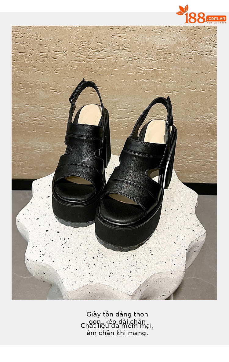 Sandal hở mũi nữ đế siêu dày 12cm quai ngang phong cách La Mã, khóa dán, gót vuông — màu đen, màu trắng ngà chi tiết 3
