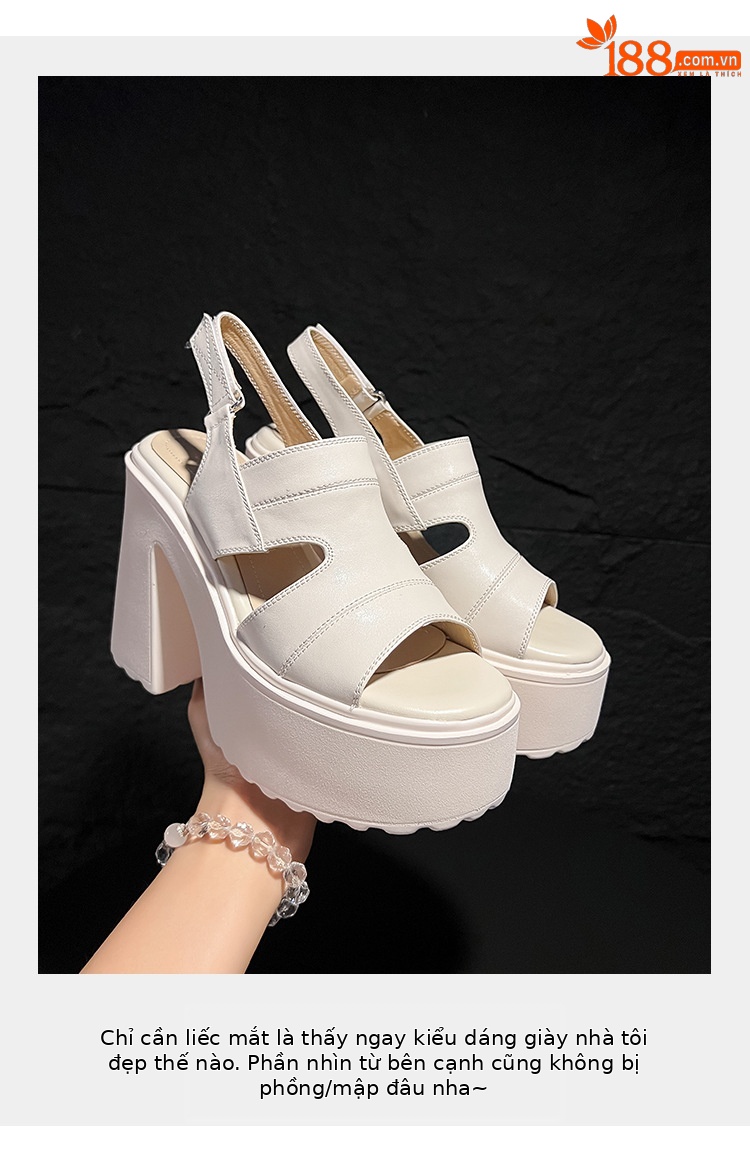 Sandal hở mũi nữ đế siêu dày 12cm quai ngang phong cách La Mã, khóa dán, gót vuông — màu đen, màu trắng ngà chi tiết 4