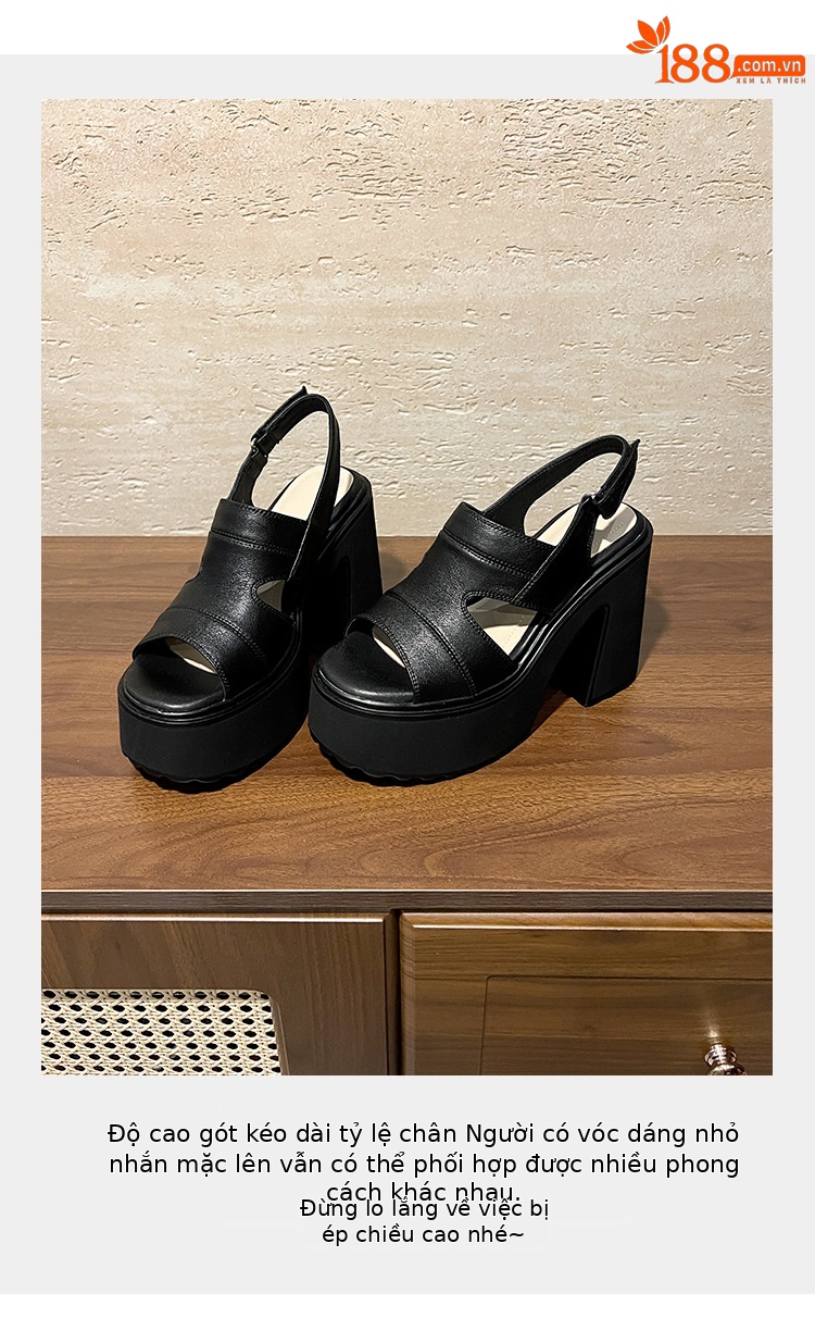 Sandal hở mũi nữ đế siêu dày 12cm quai ngang phong cách La Mã, khóa dán, gót vuông — màu đen, màu trắng ngà chi tiết 6