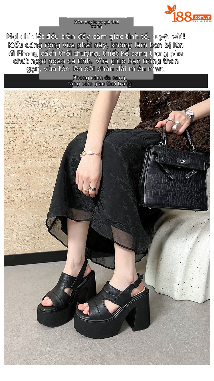 Sandal hở mũi nữ đế siêu dày 12cm quai ngang phong cách La Mã, khóa dán, gót vuông — màu đen, màu trắng ngà chi tiết 1