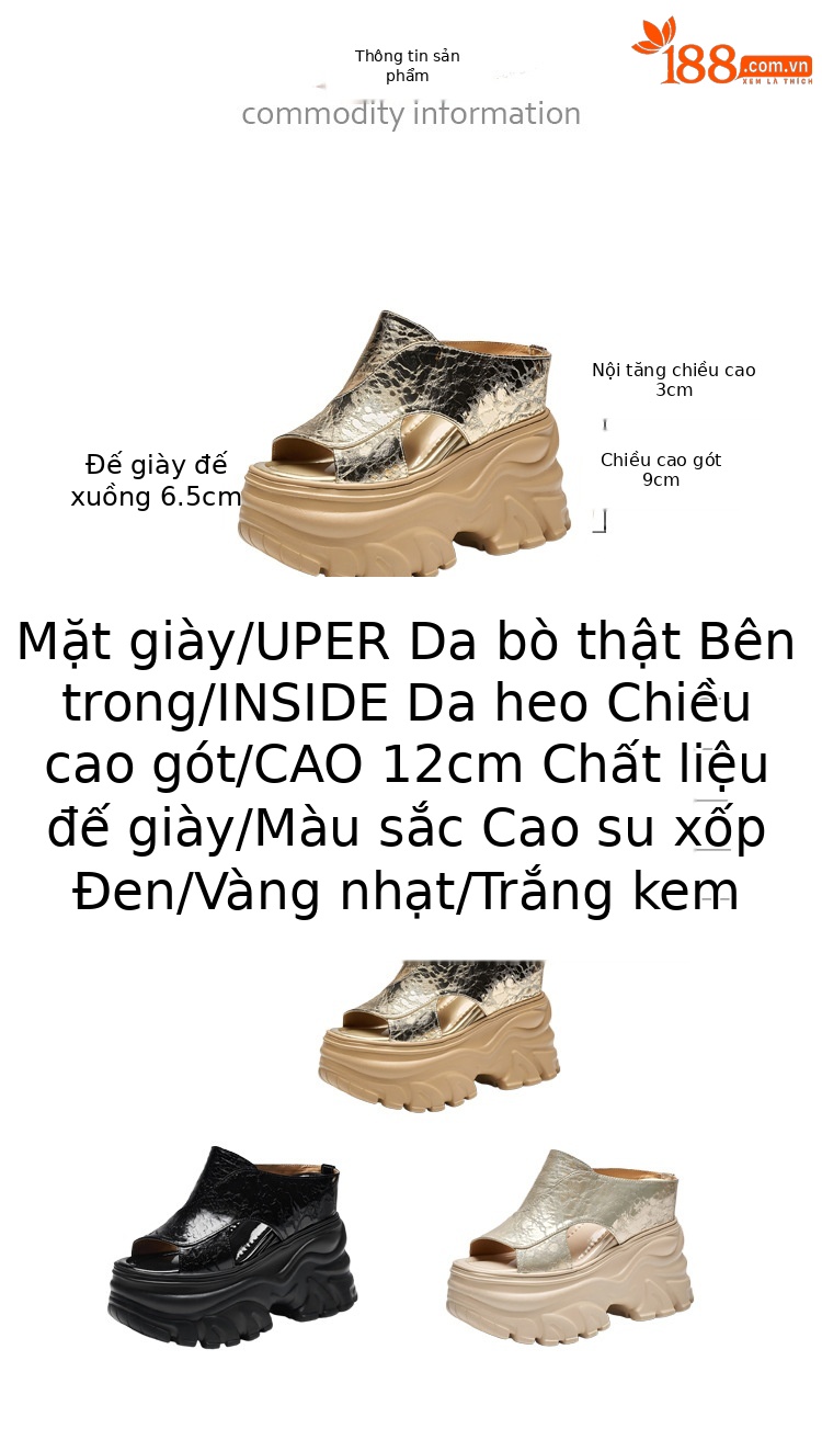 Sandal cao gót nữ hở mũi đế xuồng platform gót 12 cm — màu đen, màu vàng, màu trắng ngà chi tiết 3