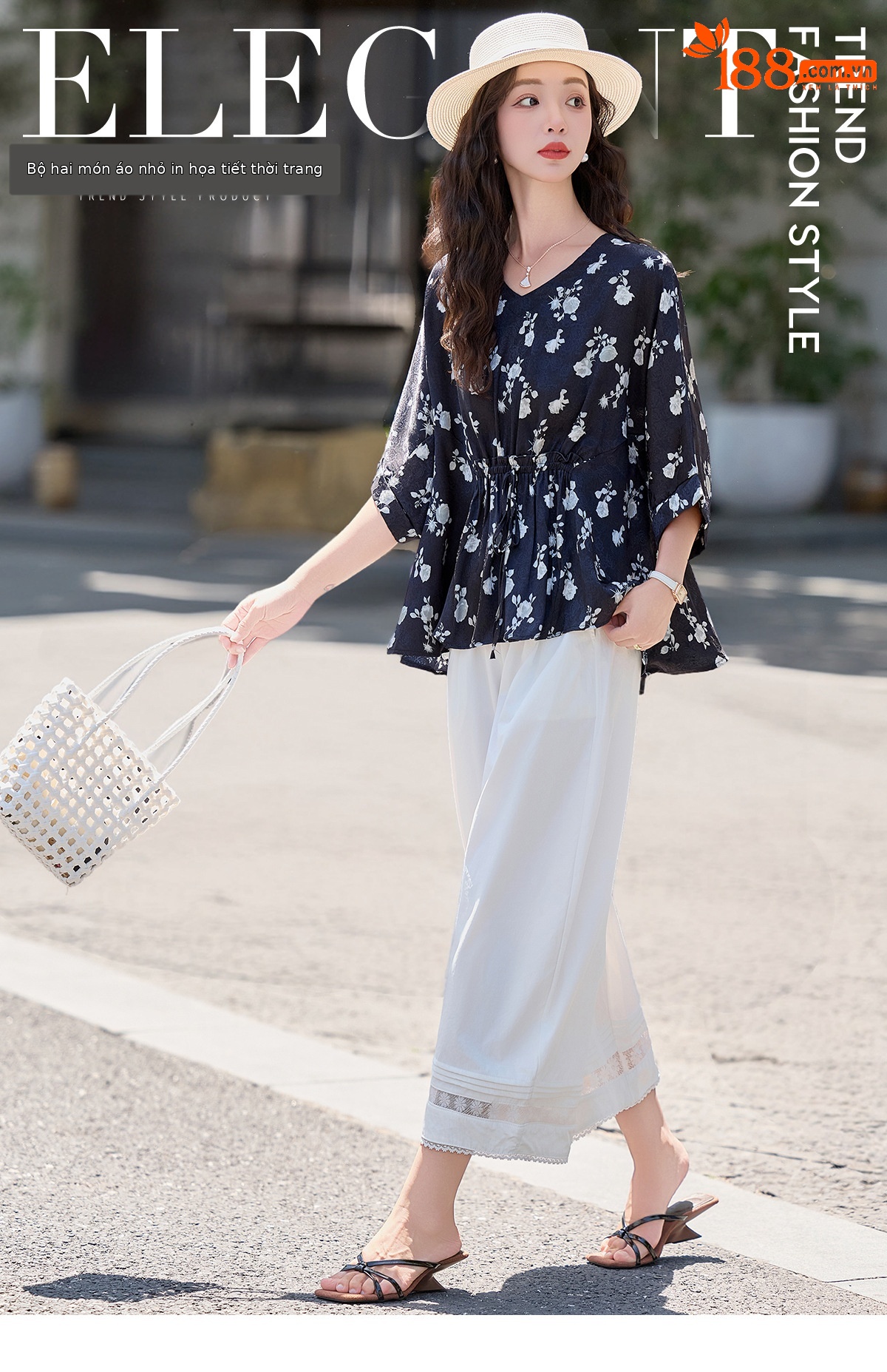 Bộ vest nữ hai mảnh áo sơ mi in họa tiết cổ V kết hợp quần ống rộng — Màu ảnh chi tiết 1