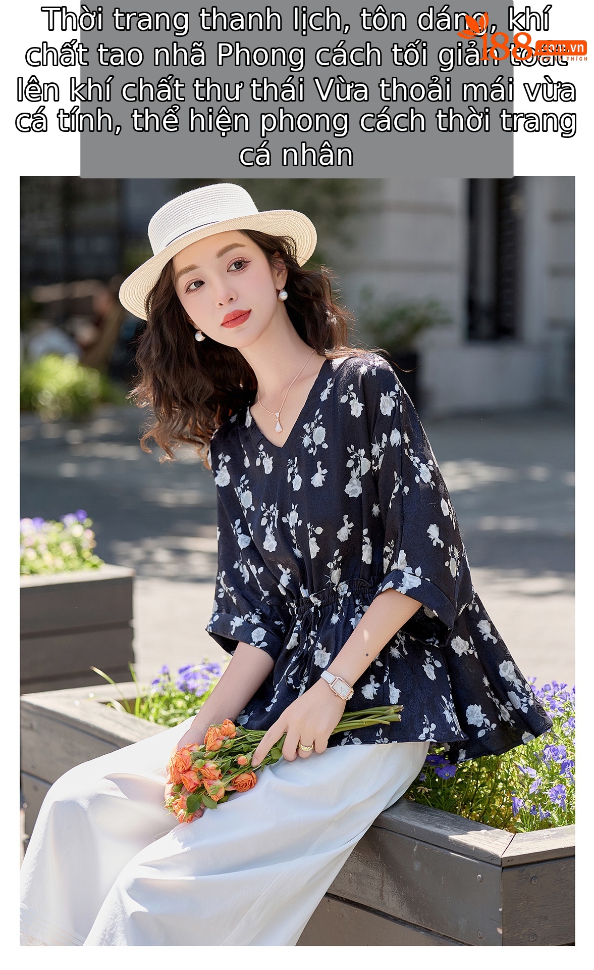 Bộ vest nữ hai mảnh áo sơ mi in họa tiết cổ V kết hợp quần ống rộng — Màu ảnh chi tiết 2