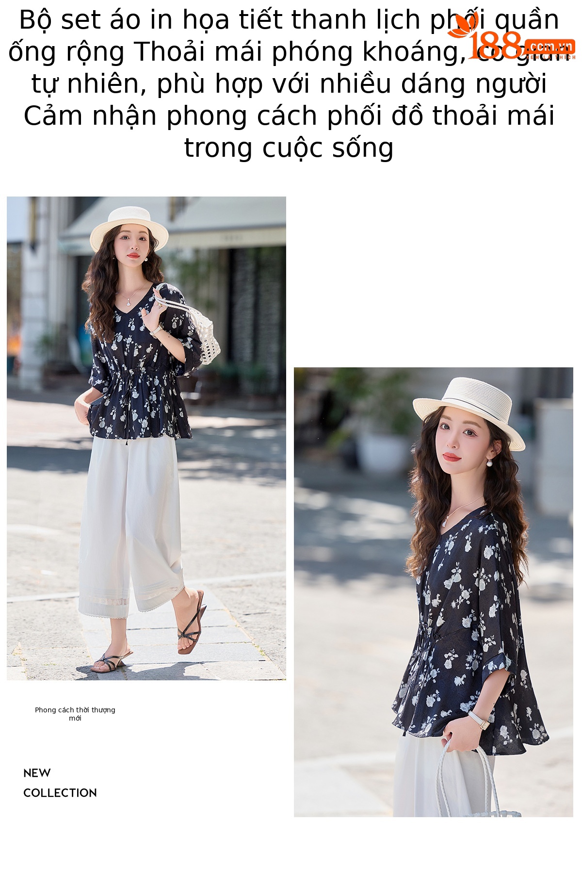 Bộ vest nữ hai mảnh áo sơ mi in họa tiết cổ V kết hợp quần ống rộng — Màu ảnh chi tiết 3