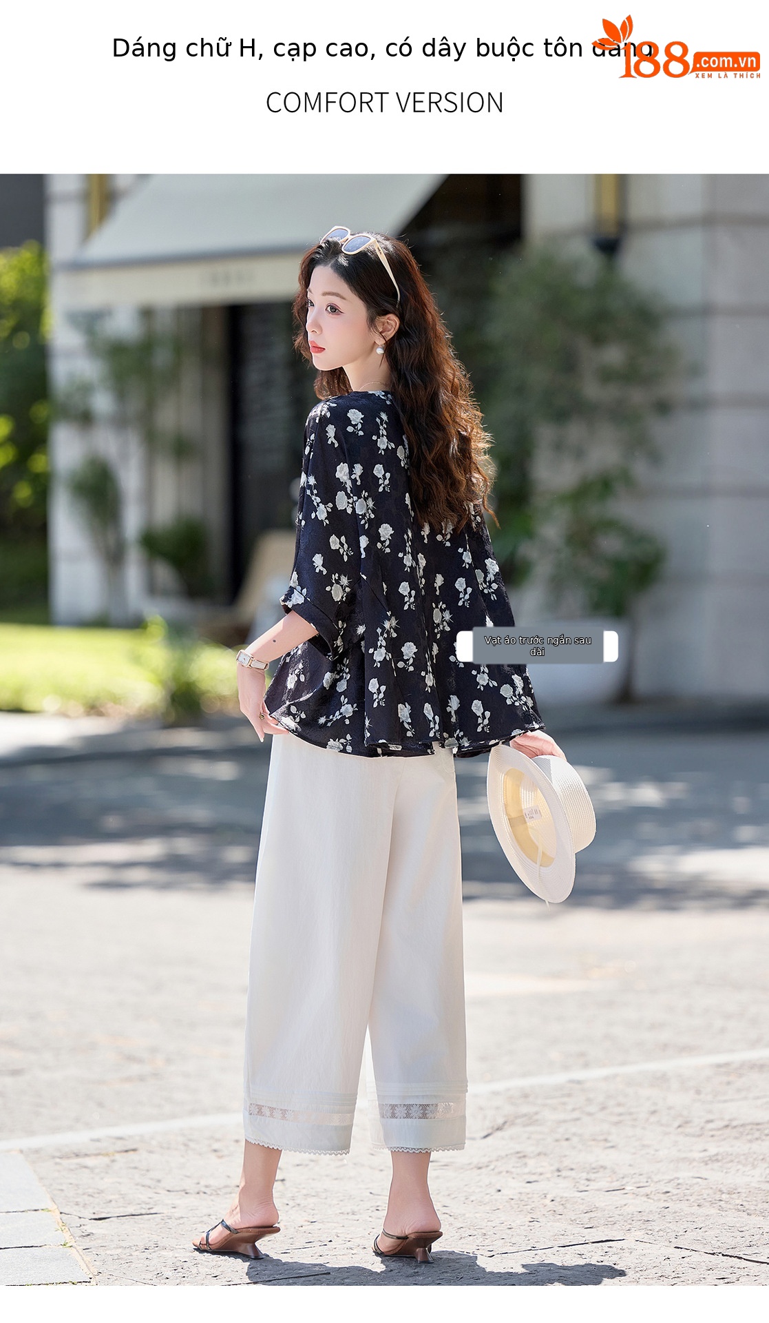Bộ vest nữ hai mảnh áo sơ mi in họa tiết cổ V kết hợp quần ống rộng — Màu ảnh chi tiết 5