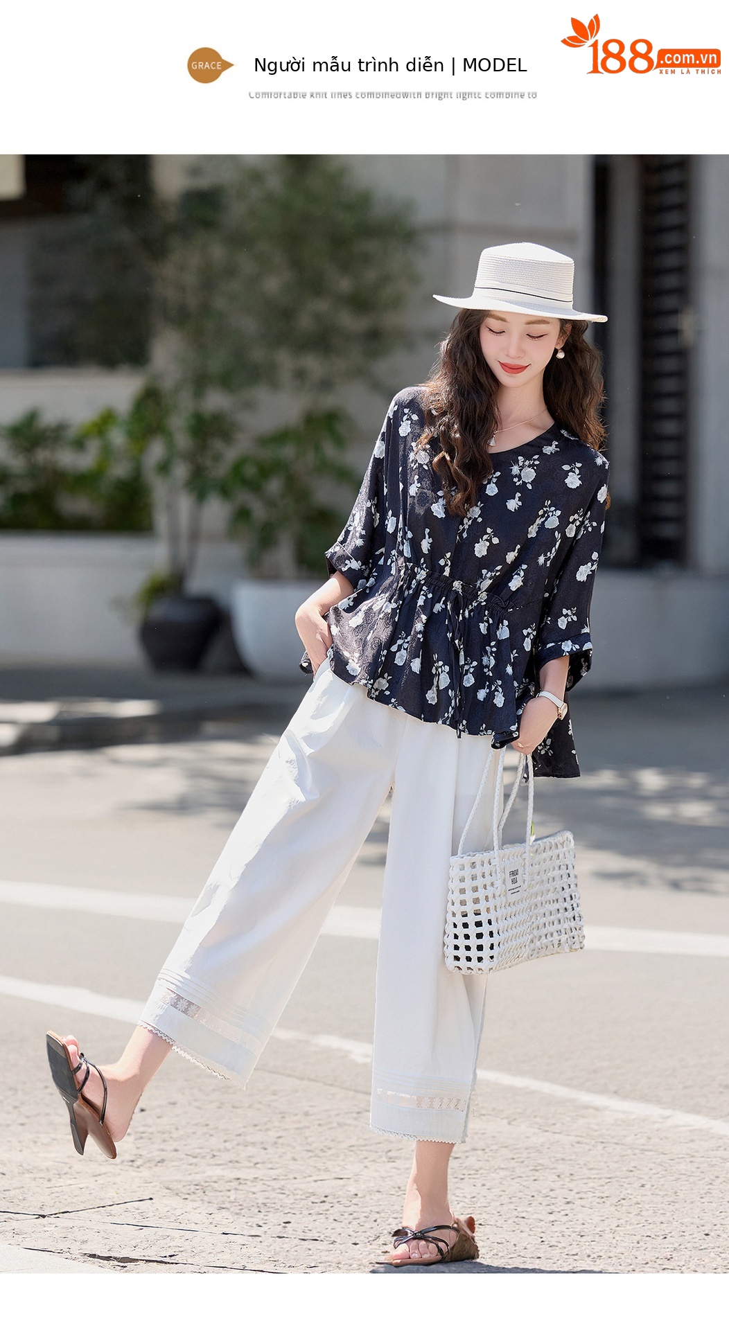 Bộ vest nữ hai mảnh áo sơ mi in họa tiết cổ V kết hợp quần ống rộng — Màu ảnh chi tiết 12